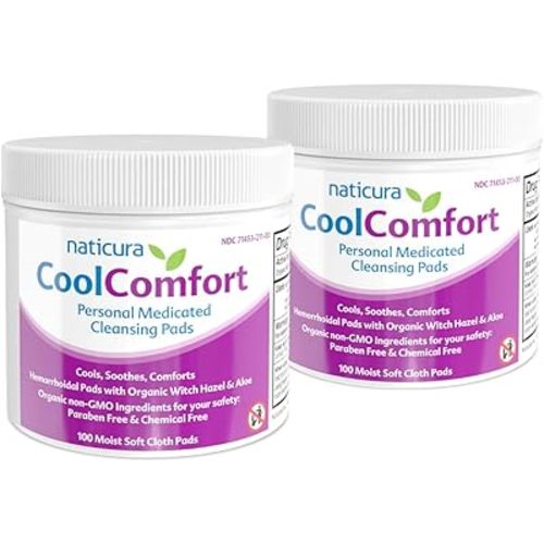 CoolComfort Personal Cleansing Pads with Organic Witch Hazel and Aloe Vera - All-Natural and Fast Acting Wipes for Hemorrhoid Burning, Itching, Pain and Swelling - 100 Pads - No Parabens - 2 Pack