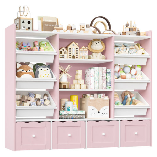 🧸 55"W x 48"H Multi-Functional Kids Organizer: 4-Drawer Toy Storage & Bookshelf with 6 Removable Bins