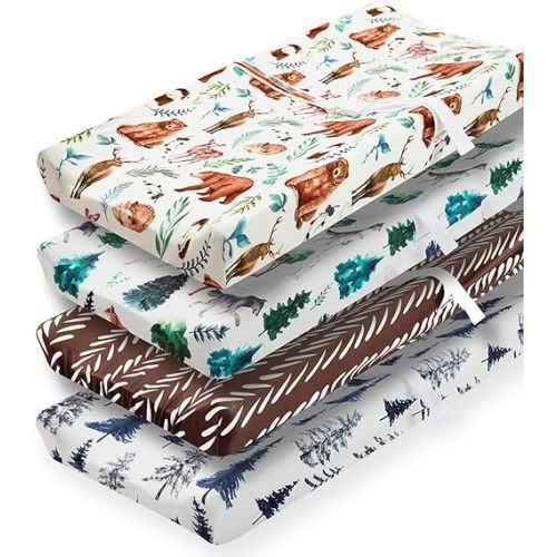REZIPO 4 Pack Changing Pad Covers Woodland Forest Animals Wood Tree Neutral Unisex Fitted Baby Changing Pad Covers Set for Baby Boys or Girls