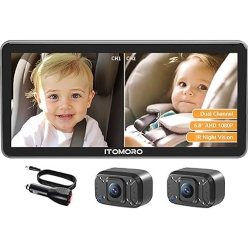 Itomoro Baby Car Camera Dual-Channel 6.8 inch HD 1080P Car Baby Camera Display with 2 IR Night Vision Camera, Easily Install Car Camera for Baby with Crystal Clear Wide View for Rear Facing Seat