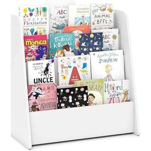 GLACER 4-Tier Kids Bookshelf, Wood Toddler Bookcase with Deep Magazine Display Shelf & Back Storage Space, Children Storage Organizer for Nursery, Playroom, Kids Bedroom, Classroom (White)