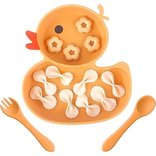 Baby Suction Plate, Silicone Toddler Plate for Kids Baby Weaning Plate Strong Suction Divided Dish with Fork Spoon, BPA Free (Orange)