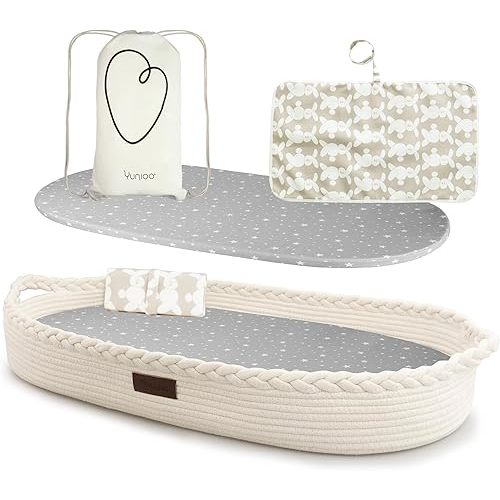 XL Reinforced Baby Changing Basket with Extra Travel Diaper pad, Foldable Baby Changing Pad with Water Repellent Cover, Cotton Rope Baby Basket, Changing Table Topper for Dresser (White)