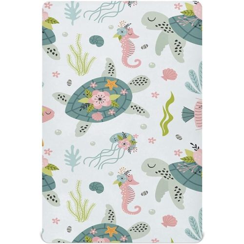 Fitted Crib Sheets Turtle Sea Horse Stretchy Portable Playard Sheets for Baby Toddler, Breathable Soft Mini Crib Mattress 39 x 27 in for Boys and Girls