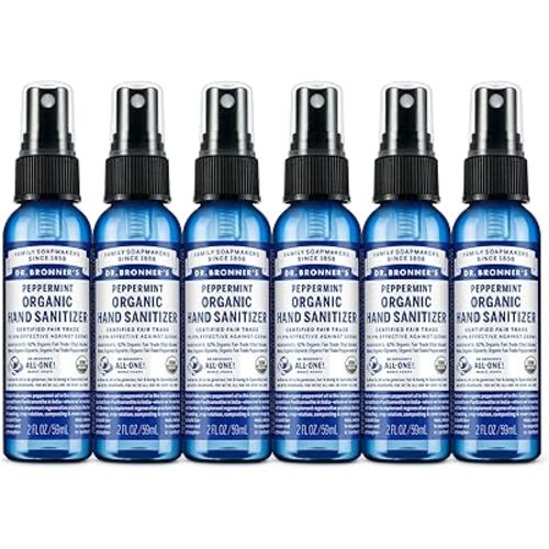 Dr. Bronner's Organic Hand Sanitizer Spray Variety Pack Travel Size Bulk, Simple & Effective Formula, Scented, No Harsh Chemicals - Peppermint, 2oz (6-Pack)
