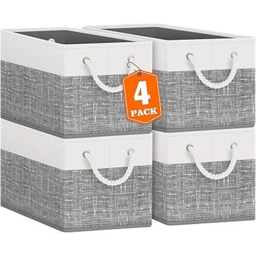 Fab totes Storage Bins [4-Pack], Foldable Storage Baskets for Organizing Toys, Books, Shelves, Closet, Large Storage Box with Rope Handles, Sturdy Organizer Bins, White & Grey