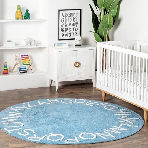 nuLOOM Kids Washable Round Alphabet Rug, 4' Round, Light Blue