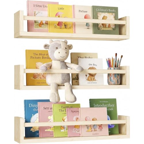 Floating Nursery Book Shelves for Wall, 16.5in Set of 3 Natural Wood