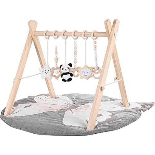 Wooden Baby Play Gym with Mat, Foldable Baby Activity Gyms with 6 Sensory Hanging Toys, Tummy Time Baby Infant Toys (Butterfly)