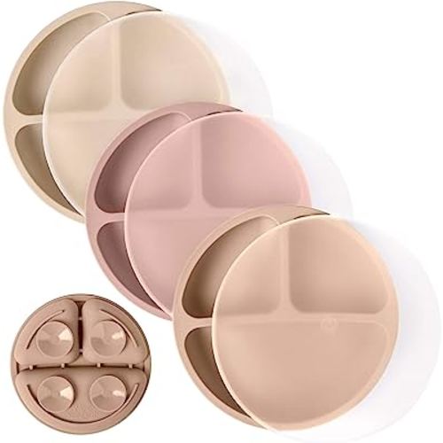 WeeSprout Suction Plates with Lids for Babies & Toddlers | 100% Silicone | Plates Stay Put with Suction Feature | Divided Design | Microwave & Dishwasher Safe | 3 Pack