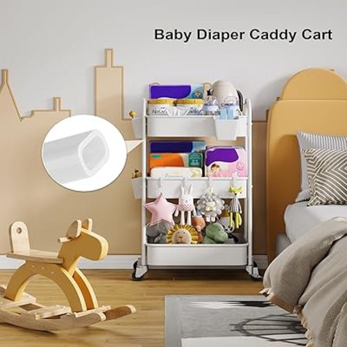 Baby Diaper Caddy, 3 Tier Rolling Baby Essentials Storage Cart with Wheels, Newborn Must Haves Stuff Organizer, White Three Tiered Utility Carts for Art, Craft, Changing Diaper Table, Nursery, Crib