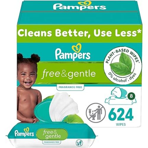 Pampers Free & Gentle Baby Wipes, 99% Water, Hypoallergenic, Unscented, 100% Plant Based, Plastic-Free Baby Wipes, 624 Baby Wipes Total (8 Flip-Top Packs)