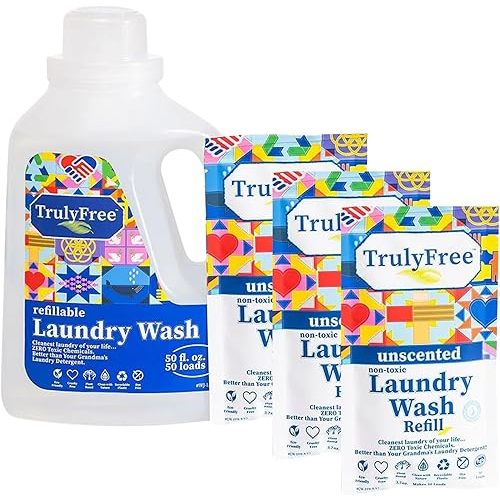 Truly Free Laundry Wash Detergent for Sensitive Skin, Gentle & Safe for Baby Clothes | Plant-Based, Natural Ingredients | Unscented | Include 1 Refillable Bottle (150 Loads)