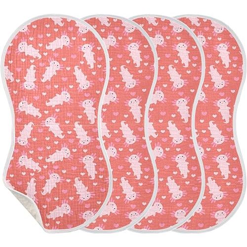 Muslin Burp Cloths for Baby Boys and Girls - 4-Pack Ultra Absorbent Cute Axolotl Heart Muslin Washcloths, Newborn Towel, Milk Spit Up Rags, Burp Cloth Bib for Unisex, 22 x 11 Inch