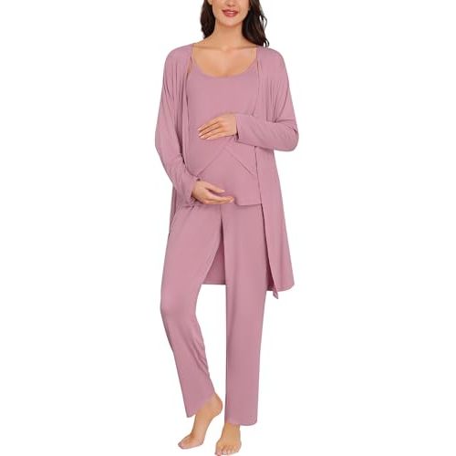 SWOMOG Maternity Pajamas Set 3 PCS Nusing Pajamas Labor and Delivery Gown & Camisole & Pants Postpartum Pjs