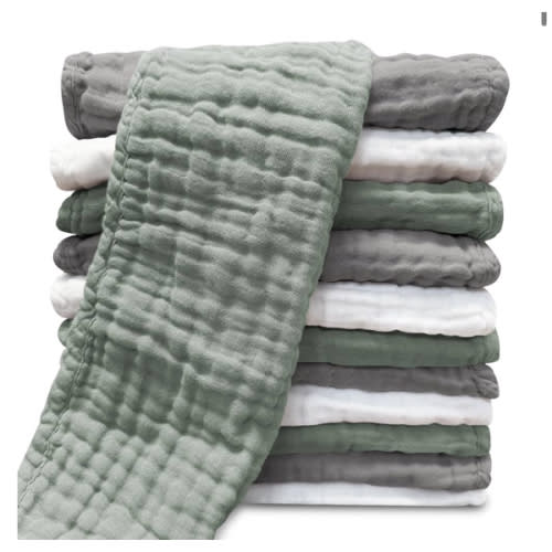 Muslin Burp Cloths for Baby 100% Cotton Burping Cloths for Unisex, Boy, Girl - Large 20'' by 10'' Newborn Essentials Ultra Soft Absorbent Milk Spit Up Rags - 12 Pack - White+Deep Bean Paste Series