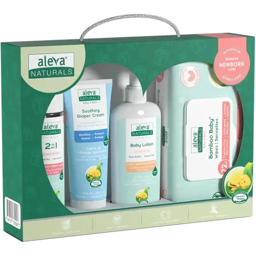 Aleva Naturals Newborn Baby Care Kit includes: Bamboo Baby Wipes, Daily Soothing Moisturizer and Diaper Cream, 2 in 1 Hair & Body Wash - Plant-Based and Organic Formula, Hypoallergenic, 4 Piece Set