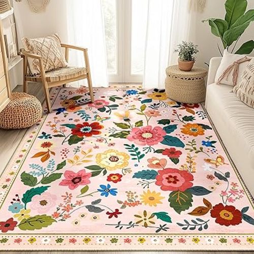Floral 5x7 Area Rug Machine Washable Boho Carpet Non Slip Doormat Low Pile Flower Area Rugs for Living Room Bedroom Kitchen Dining Room Hallway Entryway Indoor-Pink/Beige