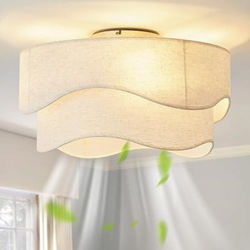 Flush Mount Ceiling Fan with Lights, 20" Caged Boho Ceiling Fan with Light Remote Control, Low Profile Fabric Ceiling Fans, Bladeless with 6 Speeds for Bedroom, Nursery, Living Room (Beige)