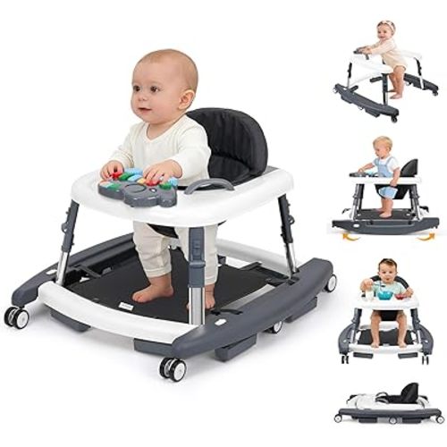 5-in-1 Baby Walker for Boys and Girls Music and Lights 6-18 Month, Foldable Baby Walkers with 5 Adjustable Heights, Infant Toddler Walker with Wheels and Combo Portable（Dark Gray）