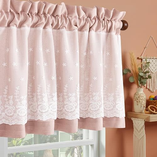 PONY DANCE Linen Kitchen Valance for Windows 18 Inch Long, Rod Pocket Lace Double Layer Valance Living Room Laundry Light Filtering Rustic Cottagecore Farmhouse Window Treatment, 1 Panel, Blush Pink