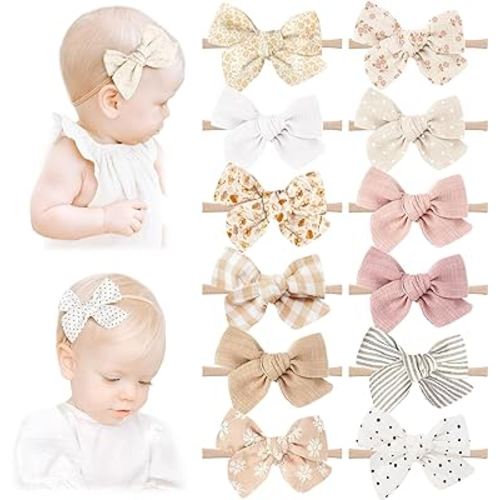 Niceye Baby Bows and Headbands, 12 Packs of Stretchy Nylon Hairbands Hair Bows for Newborns, Infants, Toddlers - Handmade Baby Hair Accessories for Girls                 Niceye Baby Girl Bows and Headbands, 12 Packs of Stretchy Nylon Hairbands Hair Bows f
