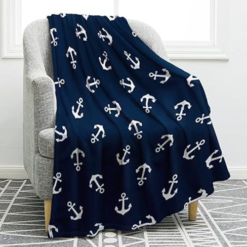 Jekeno Nautical Anchor Blanket Gifts for Women Kids Boys Men Home Bedroom Living Room Decor Sea Adventure Ocean Theme Soft Cozy Lightweight Throw Blankets Dark Blue 60"x80"