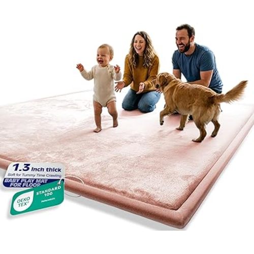 AEOCOO Baby Play Mat for Floor Cushion, 1.3" Thick Memory Foam Tummy Time Mat, Soft Velvet Non Slip, Toddlers Baby Kids Extra Large Nursery Rug for Crawling, Living Room, Tatami Style, Pink
