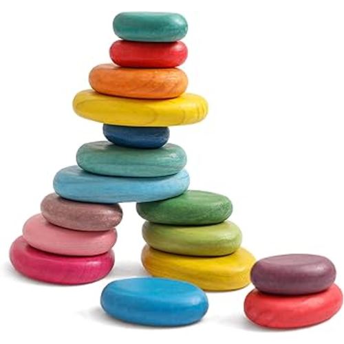OESSUF 16pcs Extra-Large Wooden Stacking Rocks - Safe Montessori Toys for 1-3 Year Old, Waldorf Wooden Blocks for Toddlers 1-3, Smooth Stacking Stones for Toddlers, for Kids and STEM Play
