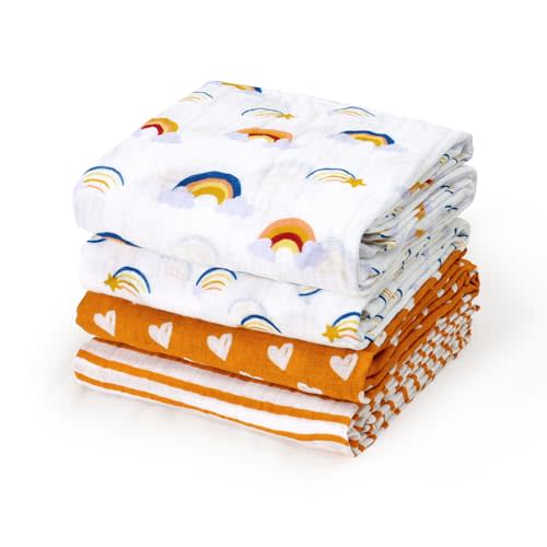 david's kids 4 Pack Baby Muslin Swaddle Blankets, 100% Cotton and Ultra Soft Breathable Receiving Blanket Wrap for Boys Girls, New Born Essentials, Rainbow