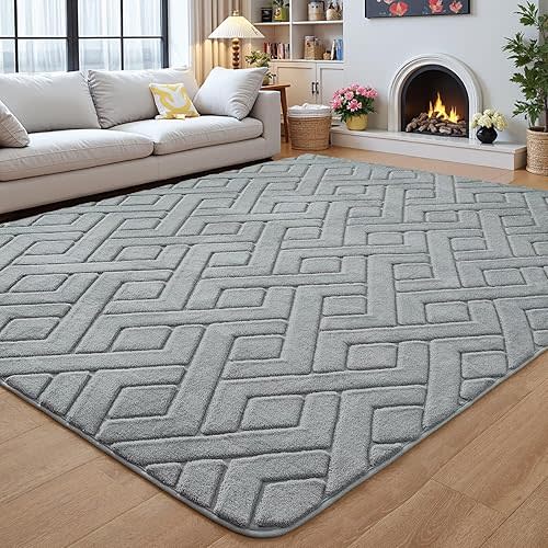 5x7 Grey Washable Area Rug for Bedroom Living Room, Modern Geometric Shag Non-Slip Rugs, Fluffy Plush Soft Memory Foam Carpet for Kids Boys Room Nursery Decor