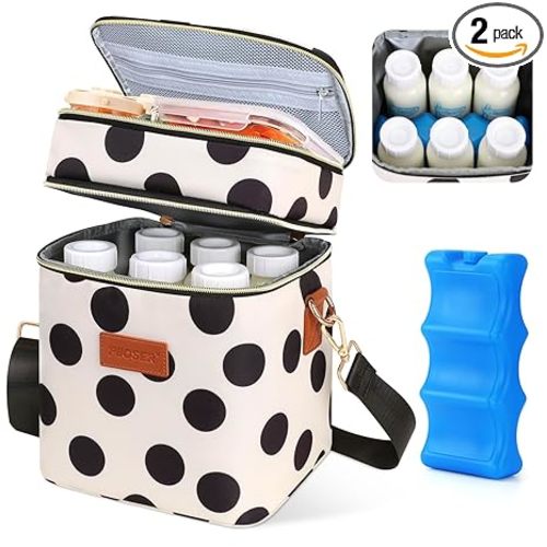 PIIOSER Breastmilk Cooler Bag with Ice Pack, Fits 6 Baby Bottles Up to 9 Oz, Stylish Baby Cooler Travel Bags with Shoulder Strap, Double Layer & Leakproof for Nursing & Working Moms, Black Polka Dots