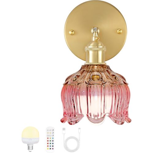 Battery Operated Wall Sconce with Remote Control,Vintage Wall Sconce with Flower lampshade and Timer,Rechargeable Battery Wall lamp Wall Lights with 15 Colors for Bedroom Living Room Doorway,Pink