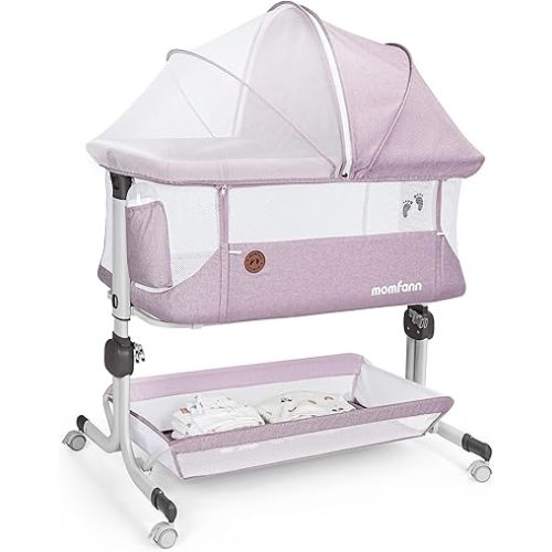 MOMFANN Baby Bassinet Bedside Sleeper, Upgraded Stability Bedside Crib with Full Mesh Sides, Soft Sheet, 6-Height Adjustment, Storage Basket, Easy Folding Portable Bassinet for Newborns,Pinkish Purple