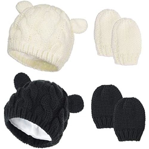 2 Set Newborn Winter Beanie Hats Gloves Kit for Baby Girls Boys Infant Toddler Warm Knitted Hats Glove Autumn Spring