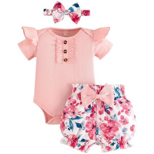 Baby Girl Clothes Newborn Infant Outfit Ruffle Romper and Short Pants Clothing Sets for Summer Spring