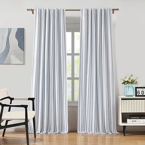 ZJDECOR Blue Striped Blackout Curtains 84 Inches Length,Ticking Stripe on White Cotton Blended Light Filtering Fabric with White Liner,Modern Bedroom Window Treatment,Back Tab Rod Pocket,55" Wx84 Lx2