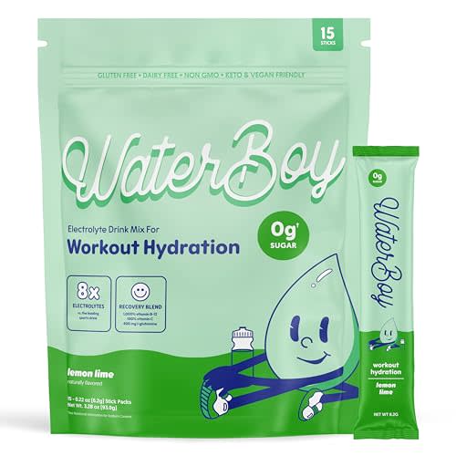 Waterboy Workout Hydration | 2,960mg Sugar Free Electrolyte Powder Packets | L-Glutamine + Vitamins | No Sugar, All Natural, Gluten Free | 15 Drink Stick Mixes (Lemon Lime)