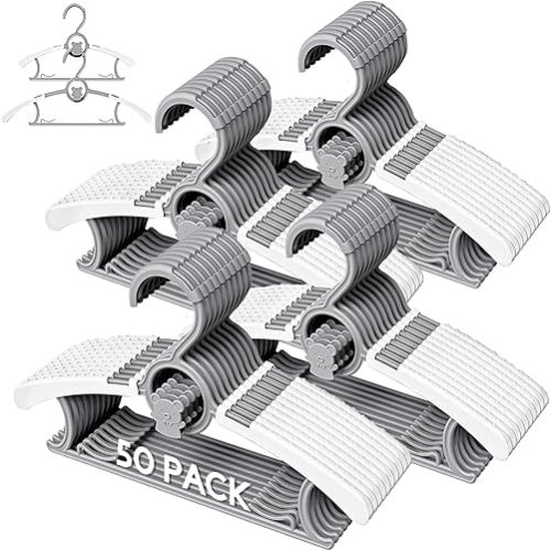 50 Pack Kids Hangers for Nursery Closet, Adjustable Non-Slip Toddler Baby Hangers with Windproof Buckle, 11-14" Infant Child Plastic Clothes Pant Hanger for Boys Girls Newborn Adult, Grey