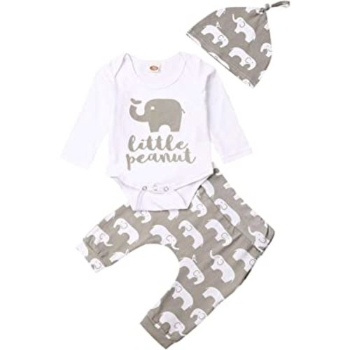 3Pcs Newborn Baby Boy Girl Elephant Outfits Long Sleeve Little Peanut Romper Bodysuit Leggings Pants Hat Clothes