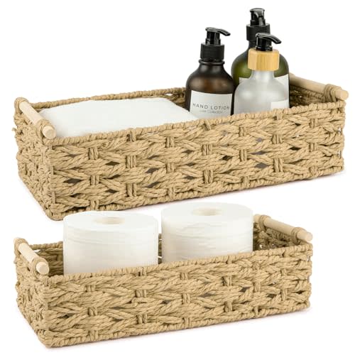 OIAHOMY Toilet Paper Baskets Handmade Paper Rope Decorative Wicker Storage Tank Shelf Cabinet Organizer for Bathroom Home, Set of 2, Yellow