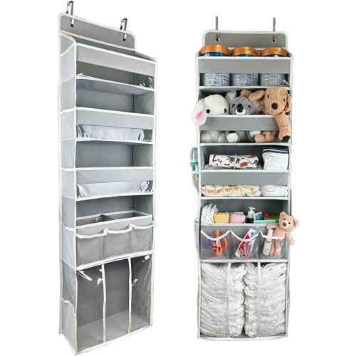 Door Hanging Storage Organizer,with 3 Bins 1 Movable Baby Diaper Caddy,1 Large capacity diaper stacking storage Organizer,10 Side Pockets ,Bedroom Door Storage for Nursery Baby Essentials.Grey 1 Pack.