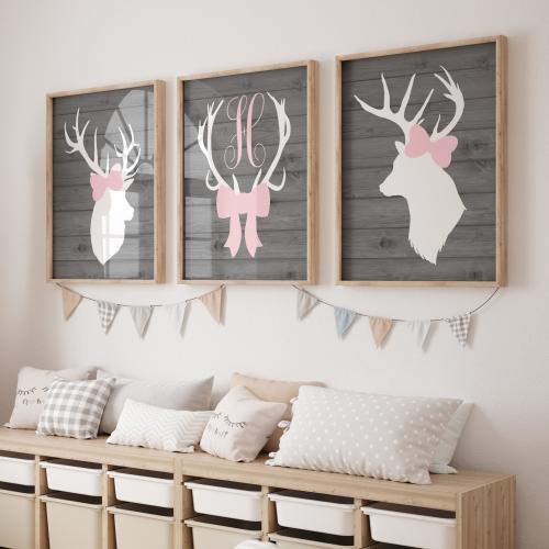 Girl Deer Wall Art, Girl Deer Nursery Decor Prints or Canvas Pink Gray Nursery Decor, Deer Head Antler, Girl Deer Monogram Bow, Set of 3