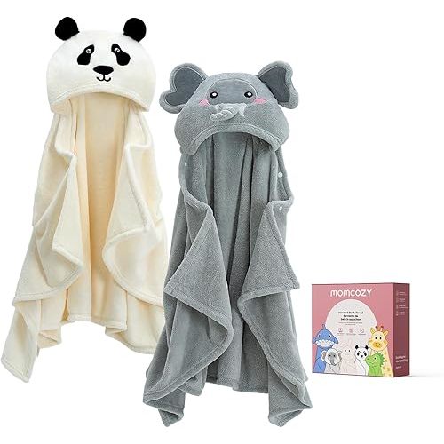Momcozy Baby Bath Towels with Visualize Health Label - Ultra Soft & Absorbent Coral Fleece Hooded Towels for Newborn, Infant, Toddler (0-36 Months) Bath Essentials (Large Size,2 Pack)