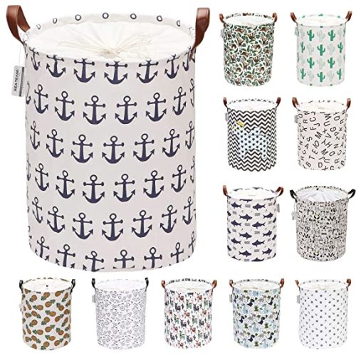 Sea Team Large Size Canvas Laundry Hamper Collapsible Storage Basket with Nautical Anchor Pattern, 19.7 by 15.7 inches, Navy Blue - 19.7"/Laundry Hamper - Anchor/Navy Blue