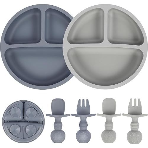 Eascrozn Silicone Baby Utensils, 2 Pack Divided Suction Plates for toddlers, 2 Pack Toddler Forks and Spoons Set, Baby Led Weaning Feeding Supplies, BPA Free, Microwave and Dishwasher Safe