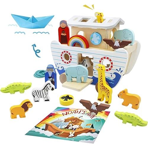 Noah's Ark Wooden Toy Set, Educational Wooden Animal Toys for Toddlers, Montessori Shape Sorter Educational Toys, Bible Story Engagement & Perfect Baptism, Christening Gift for 2-4 Y