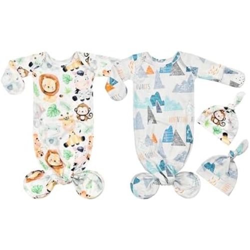 Newborn Baby Boy Long Sleeve Sleeper Gown with Mittens Knotted Gown Coming Home Outfit Nightgown Hat Set 2 Pieces