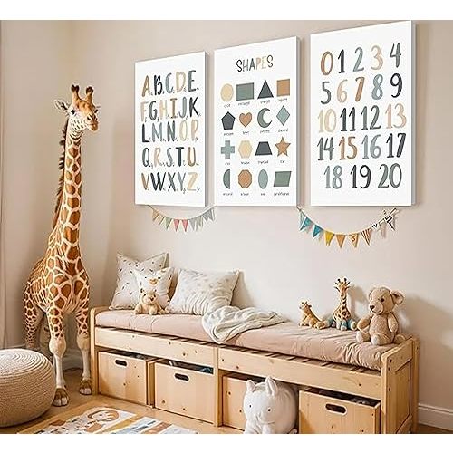 Set of 3 Kids Playroom Nursery Canvas Wall Painting Number Table ABC Alphabet Playroom Paintings Kindergarten Print Artwork for Nursery, Baby, Toddler, Boy, Girl Room, Classroom With Frame