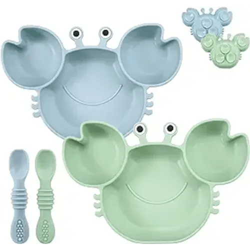 PandaEar 2 Pack Silicone Suction Plate for Baby, Divided Unbreakable Toddler Food Plate with 2 Pack Spoons for Self Feeding, Toddler Utensils Feeding Set Baby Eating Supplies, Crab Shape -Blue&Green